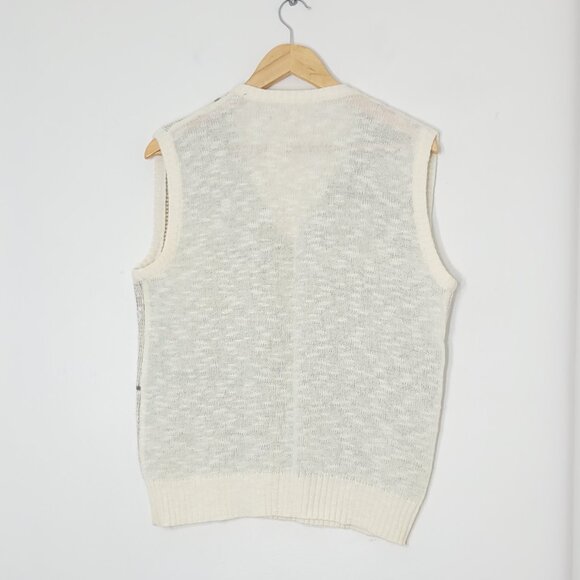 Vintage Knitted Ivory Yellow Striped Green Cotton Blend V-Neck Sleeveless Vest - Picture 6 of 10